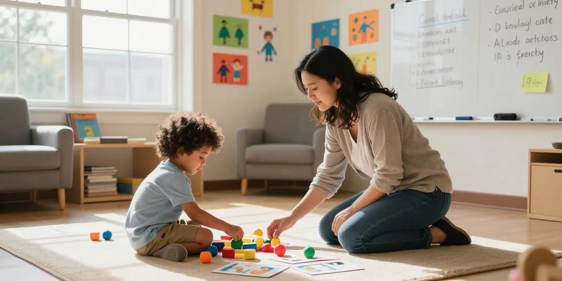 Child engaging in a compassionate Applied behaviour analysis session with a therapist in a warm therapy room.