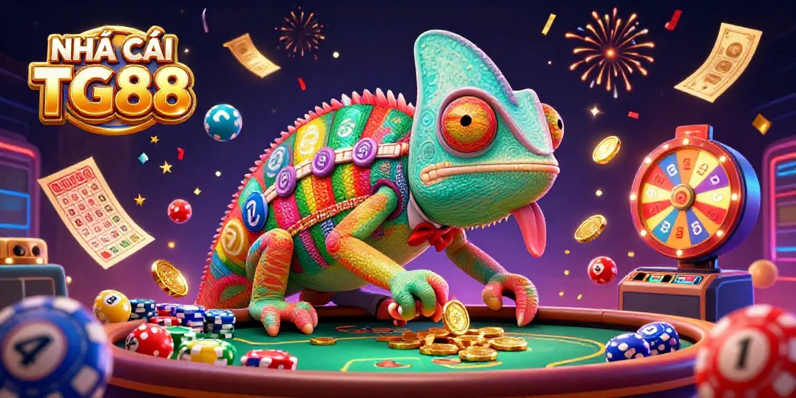 Engage with NHÀ CÁI TG88's vibrant casino world showcasing dynamic gaming elements and a colorful chameleon character.