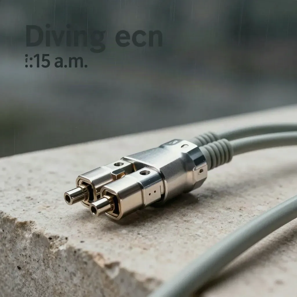 Fiber-optic backbone junction with jumpers and transceivers on pale stone under rainy soft light.