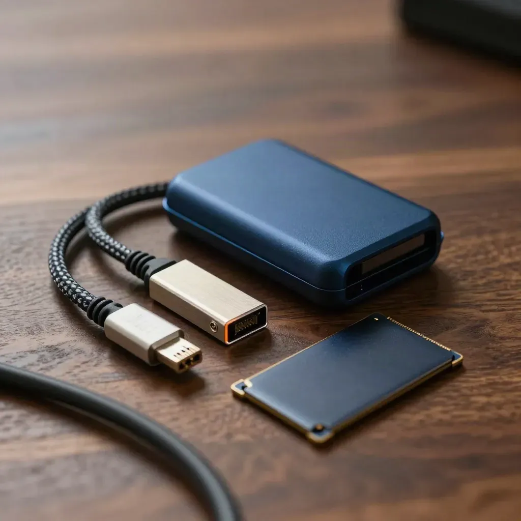 Compact data launch kit on walnut: sleeve, ethernet cable, adapter and SSD case in dramatic light.