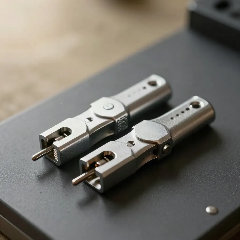 Macro of locked cable couplers, test plug, and metal clamp on a graphite surface.