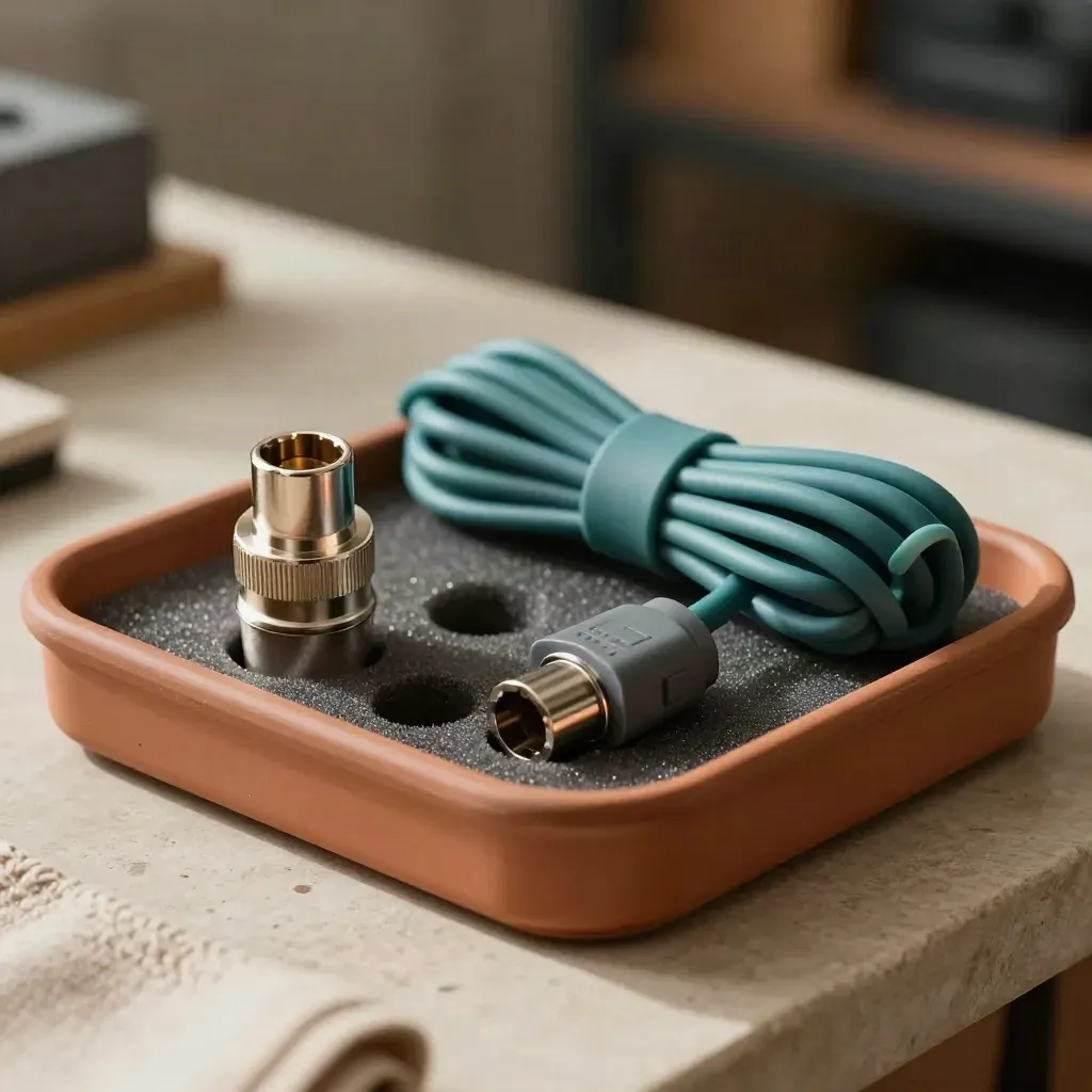 Terracotta tray with connector, adapter, cable wrap and foam insert on stone.