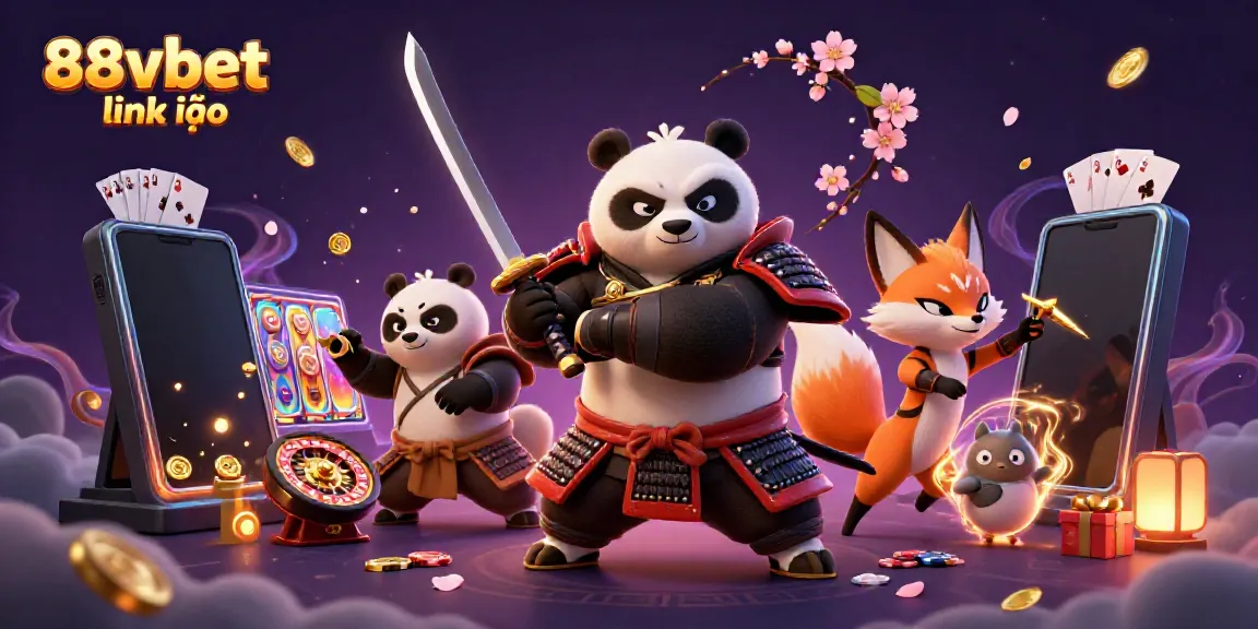 Engage with dynamic gaming action featuring 88vbet link vào in this colorful casino scene with samurai panda and ninja fox.