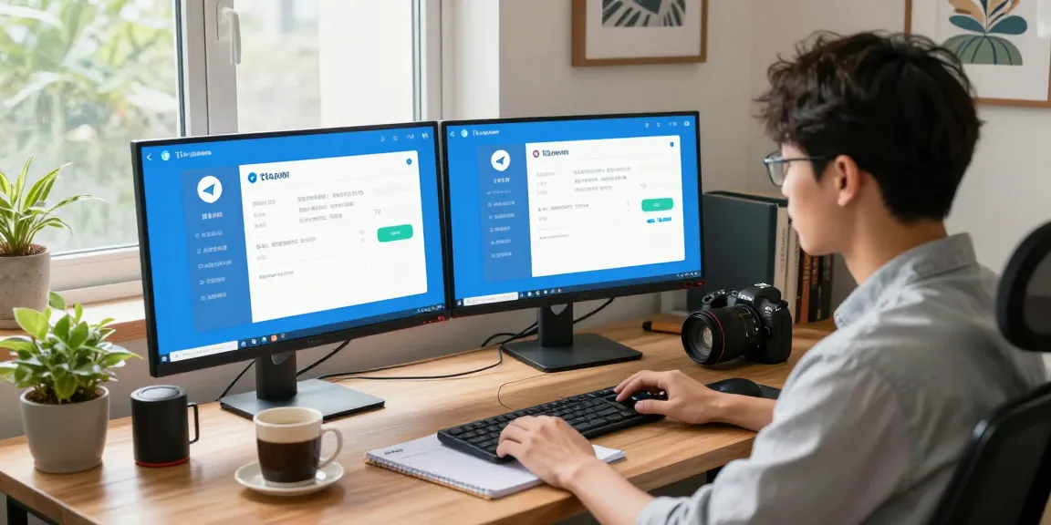 Setting up Telegram Chinese interface in a modern workspace with dual monitors.