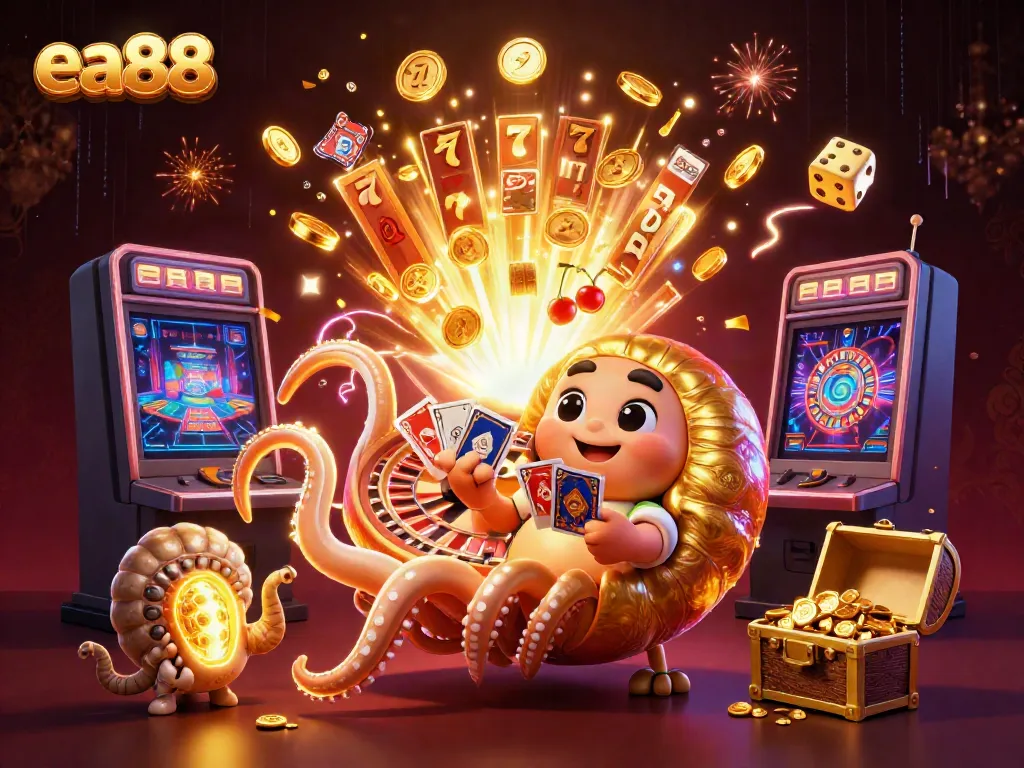 ea88 captures the excitement of online gaming with a colorful 3D scene showcasing a giant nautilus, slot machine, and casino elements.
