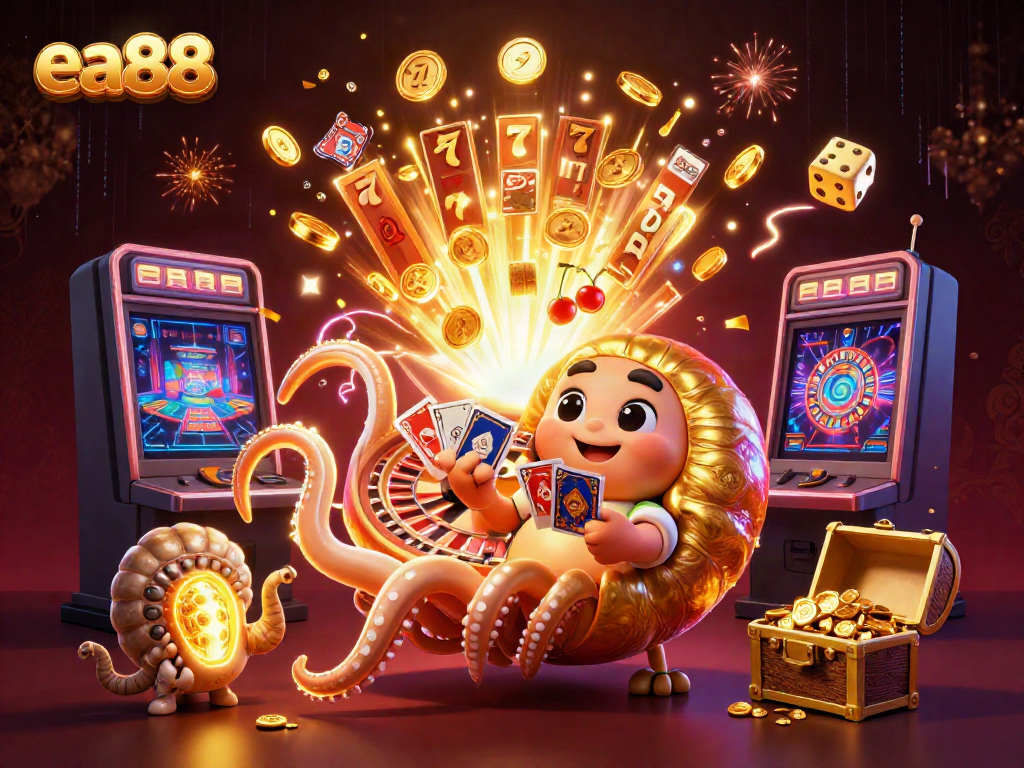 ea88 captures the excitement of online gaming with a colorful 3D scene showcasing a giant nautilus, slot machine, and casino elements.