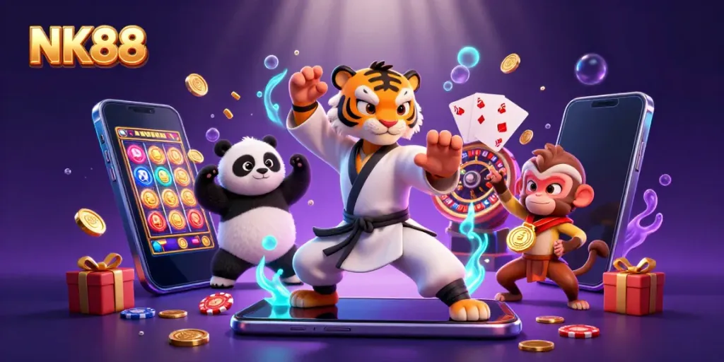 Experience the thrill of NK88 with a vibrant 3D casino scene featuring engaging characters and dynamic elements.