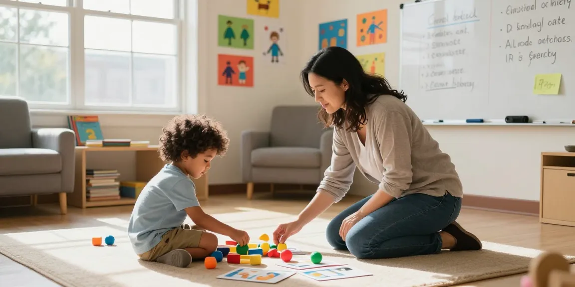 Child engaging in a compassionate Applied behaviour analysis session with a therapist in a warm therapy room.