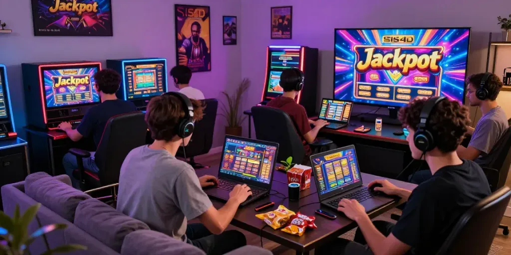 Pemain slot gacor bersenang-senang di ruang tamu modern dengan layar jackpot yang cerah.